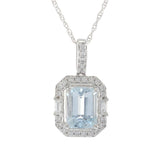 14K White Gold Emerald-Cut Aquamarine Pendant with Baguette and Round Diamonds