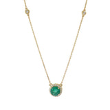 14KT Yellow Gold Bezel Set Diamond Station Necklace with Emerald and Halo