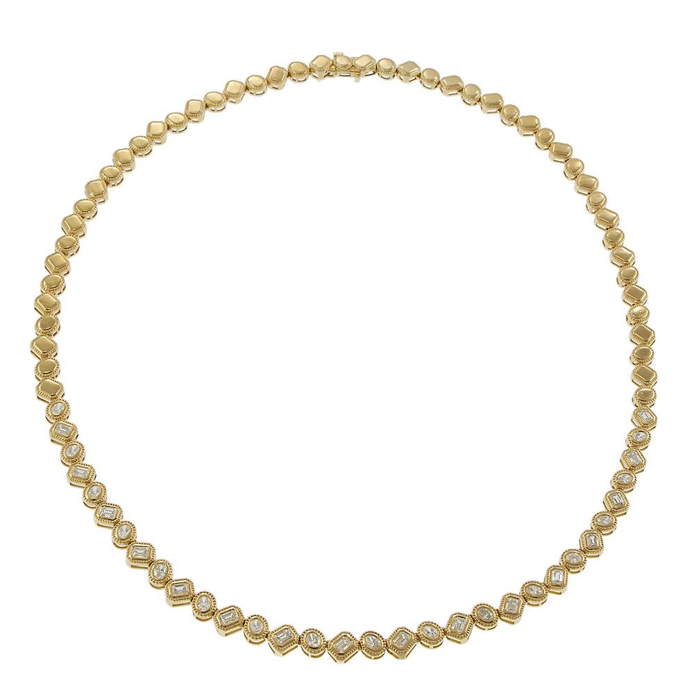 14KT Yellow Gold Diamond Necklace with Oval and Emerald Bezels