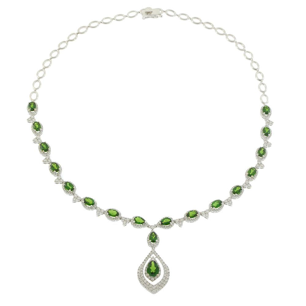 14KT White Gold Diamond and Green Russalite Drop Necklace