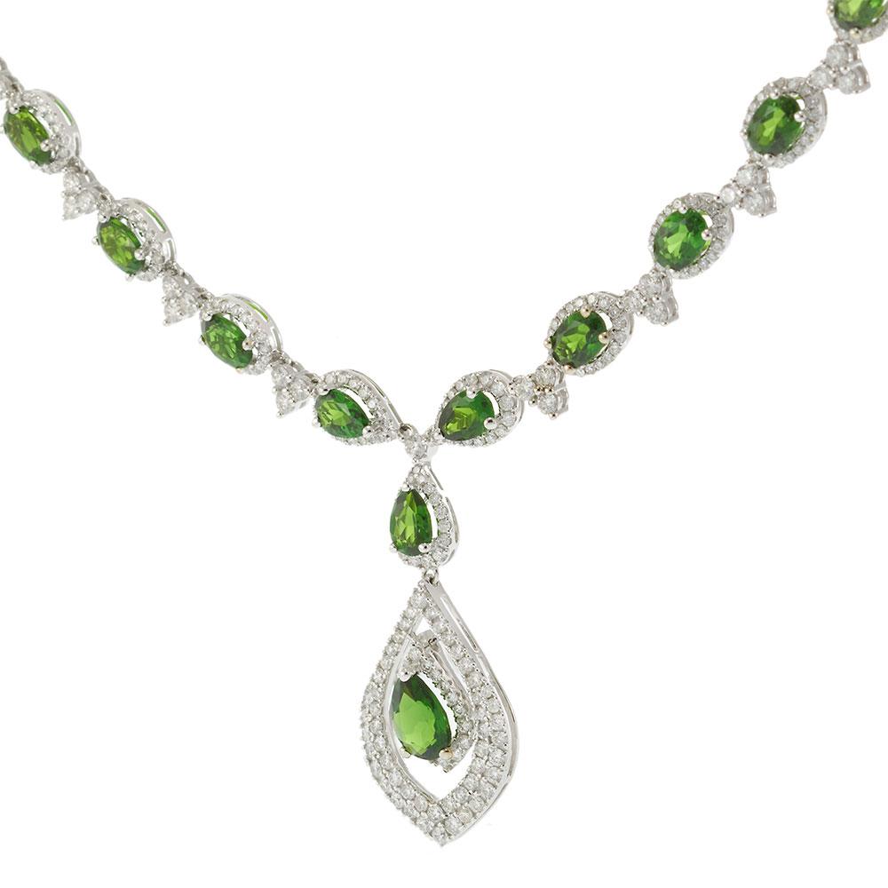 14KT White Gold Diamond and Green Russalite Drop Necklace