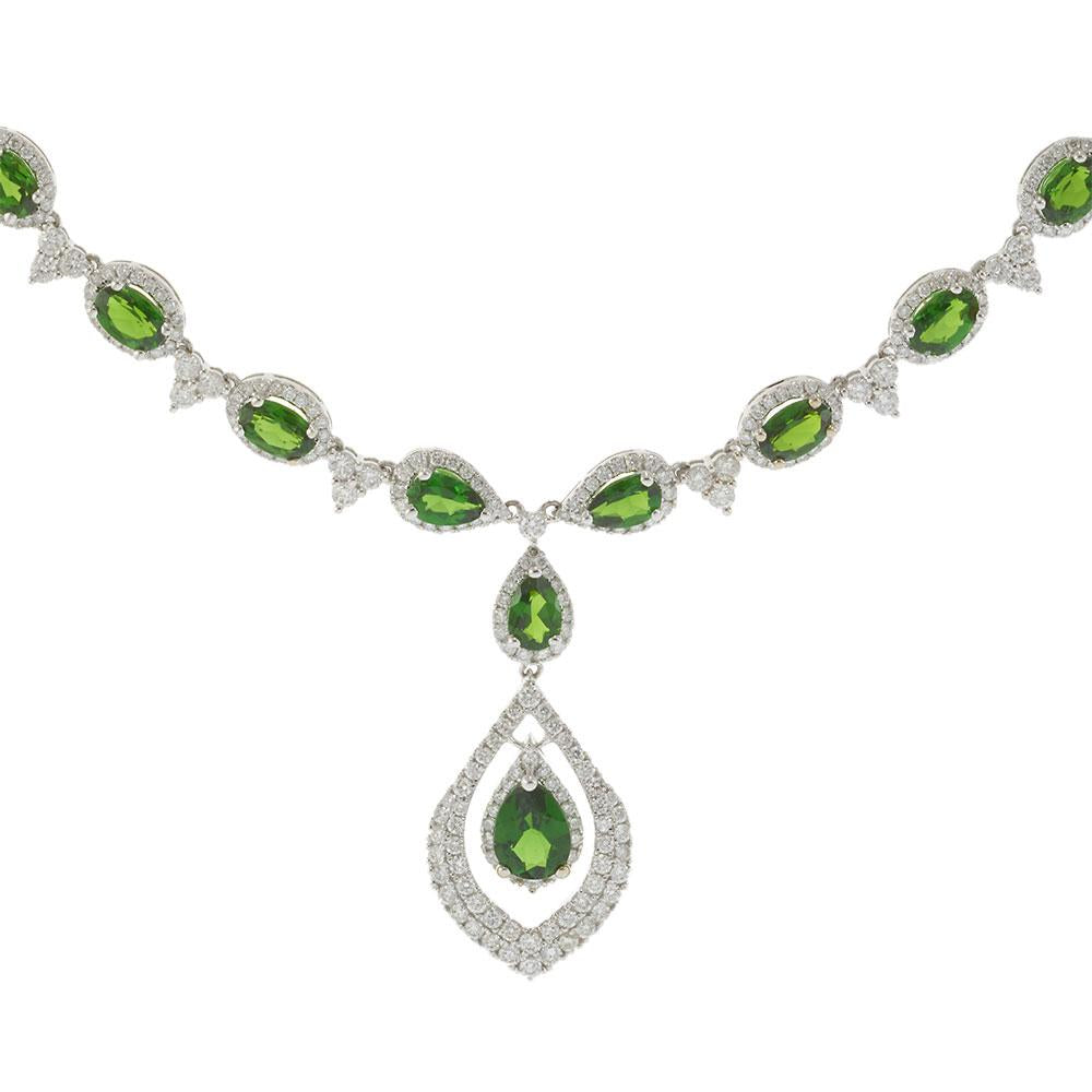 14KT White Gold Diamond and Green Russalite Drop Necklace