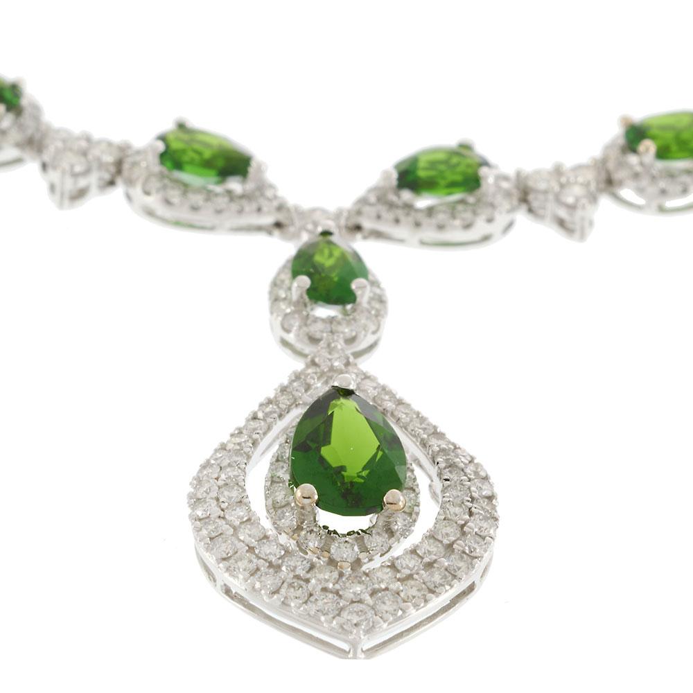 14KT White Gold Diamond and Green Russalite Drop Necklace