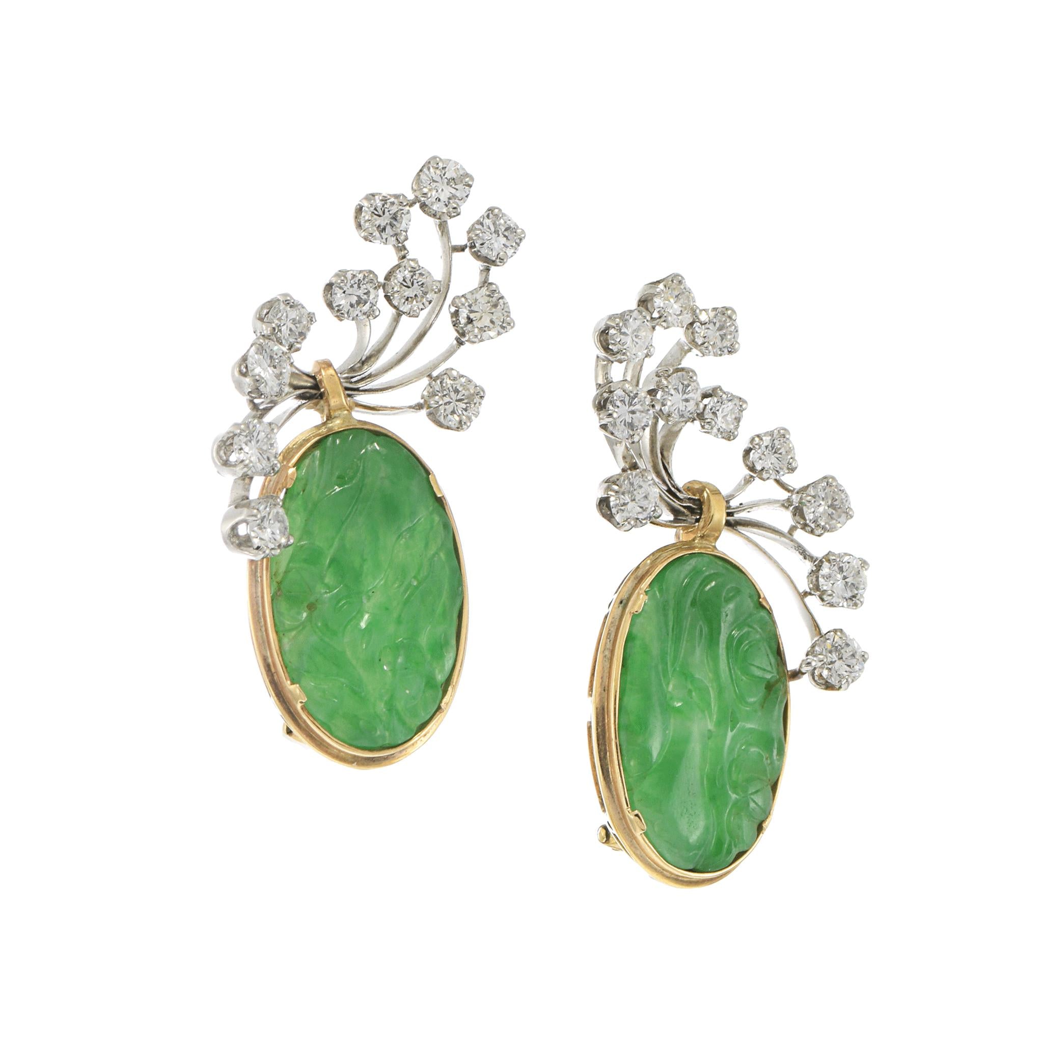 Estate 14KT & Platinum Natural Jade Carving and Diamond Earrings