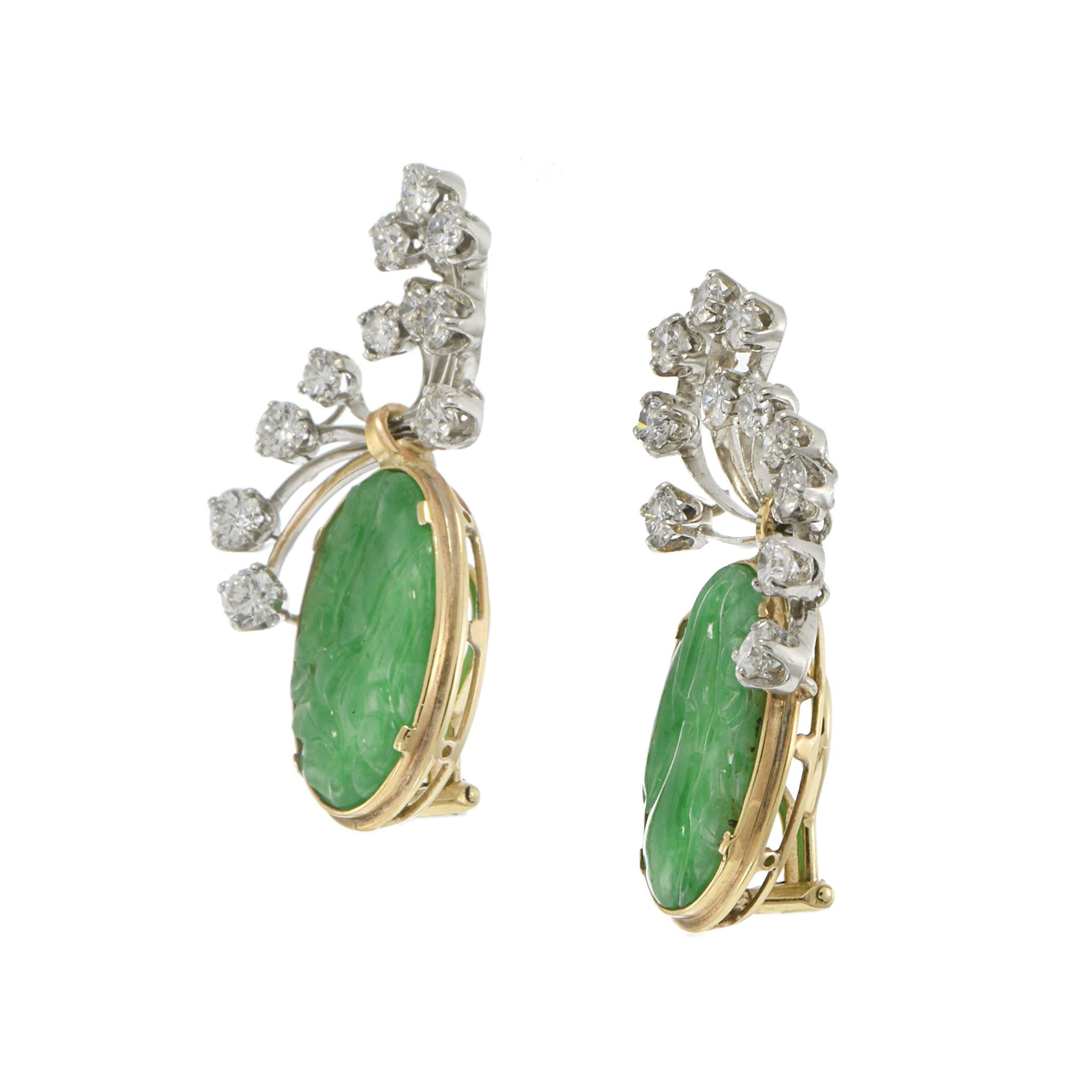 Estate 14KT & Platinum Natural Jade Carving and Diamond Earrings