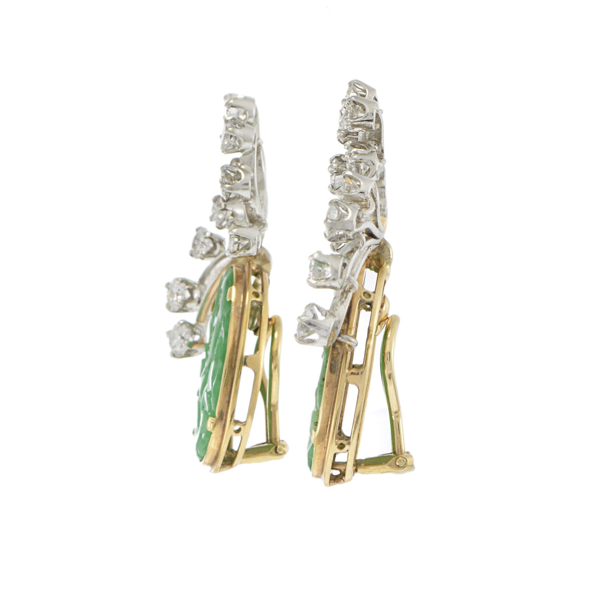 Estate 14KT & Platinum Natural Jade Carving and Diamond Earrings