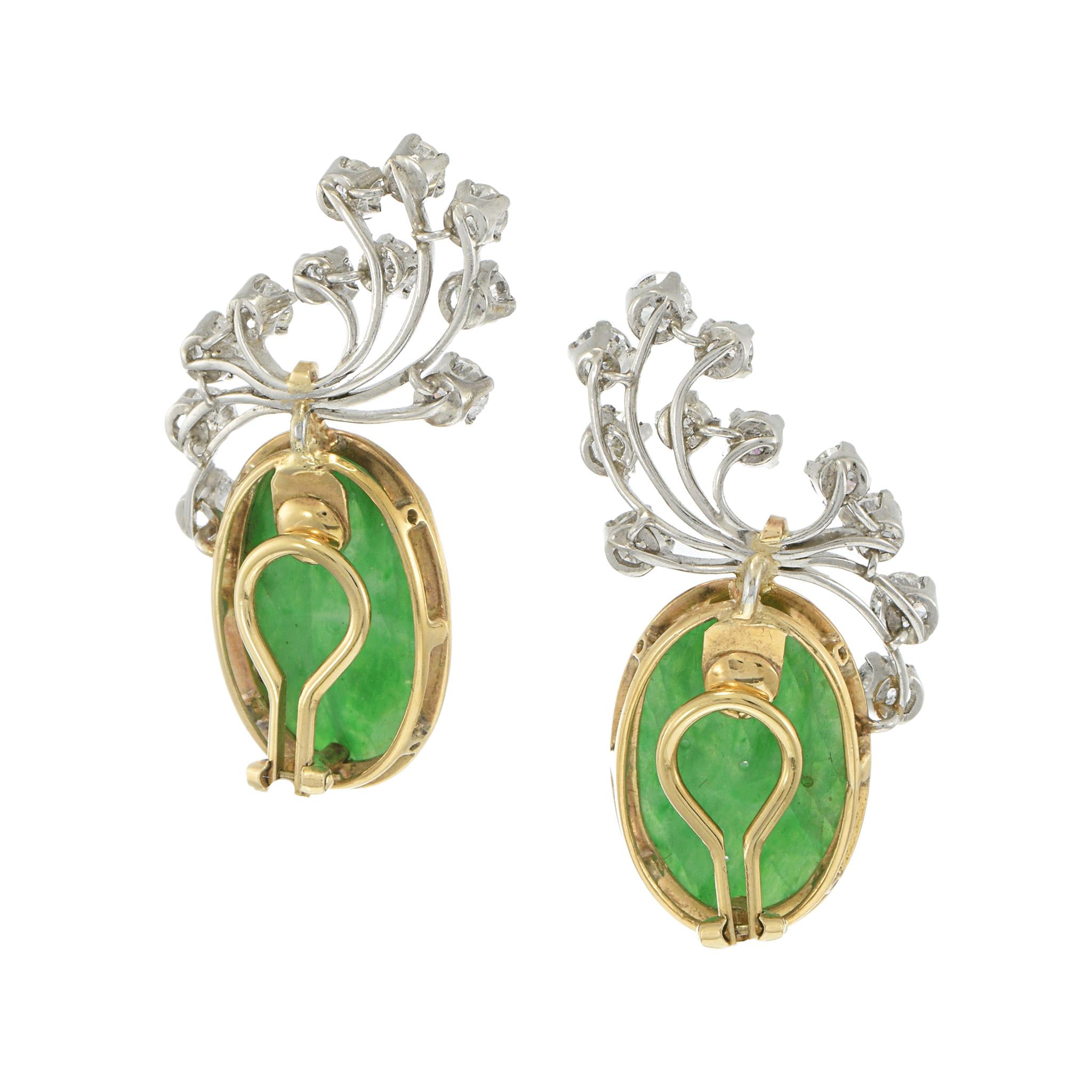 Estate 14KT & Platinum Natural Jade Carving and Diamond Earrings