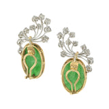 Estate 14KT & Platinum Natural Jade Carving and Diamond Earrings