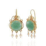Antique Jade & Pearl Drop Earrings in 14K Yellow Gold