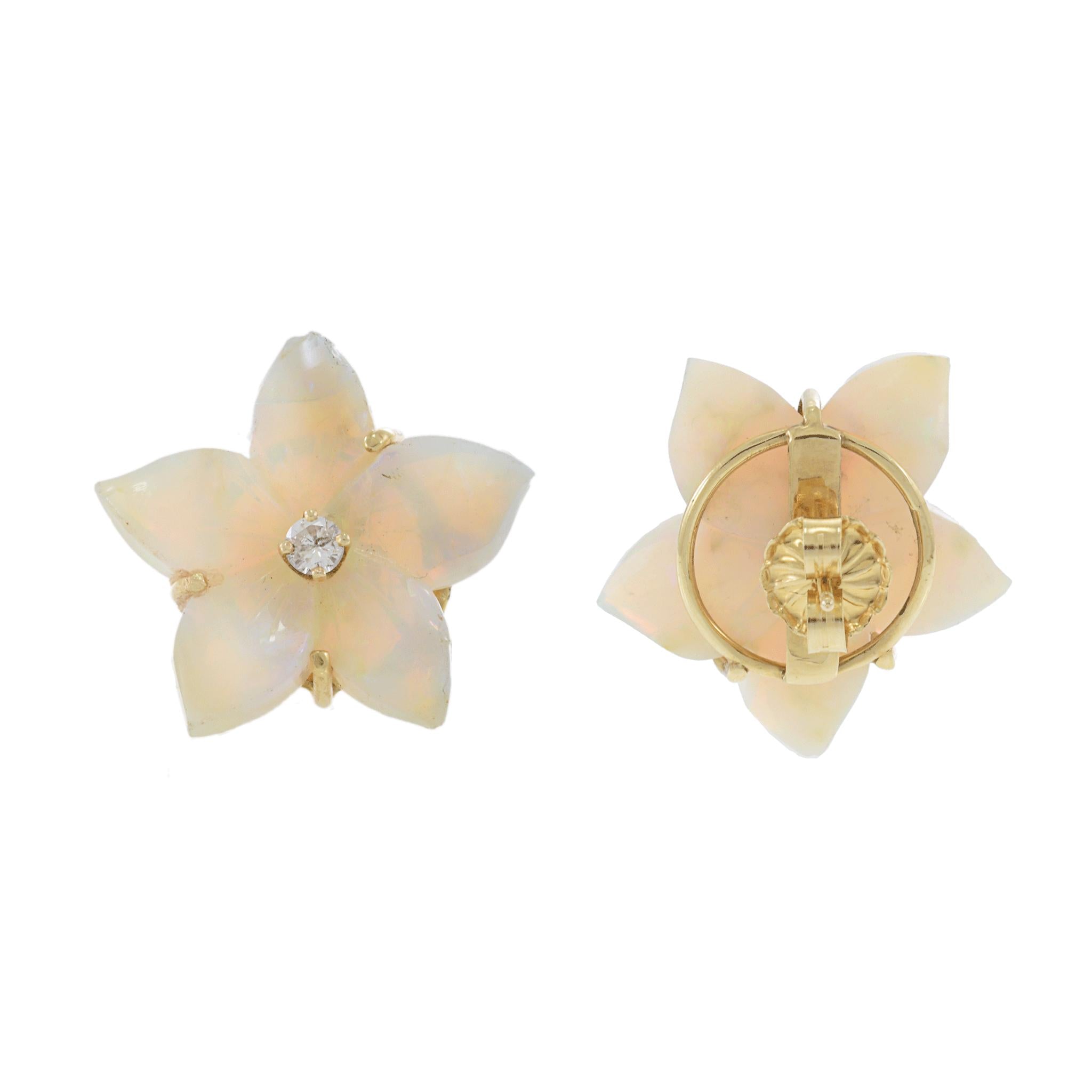 Vintage 14KT Yellow Gold Opal and Diamond Floral Earrings