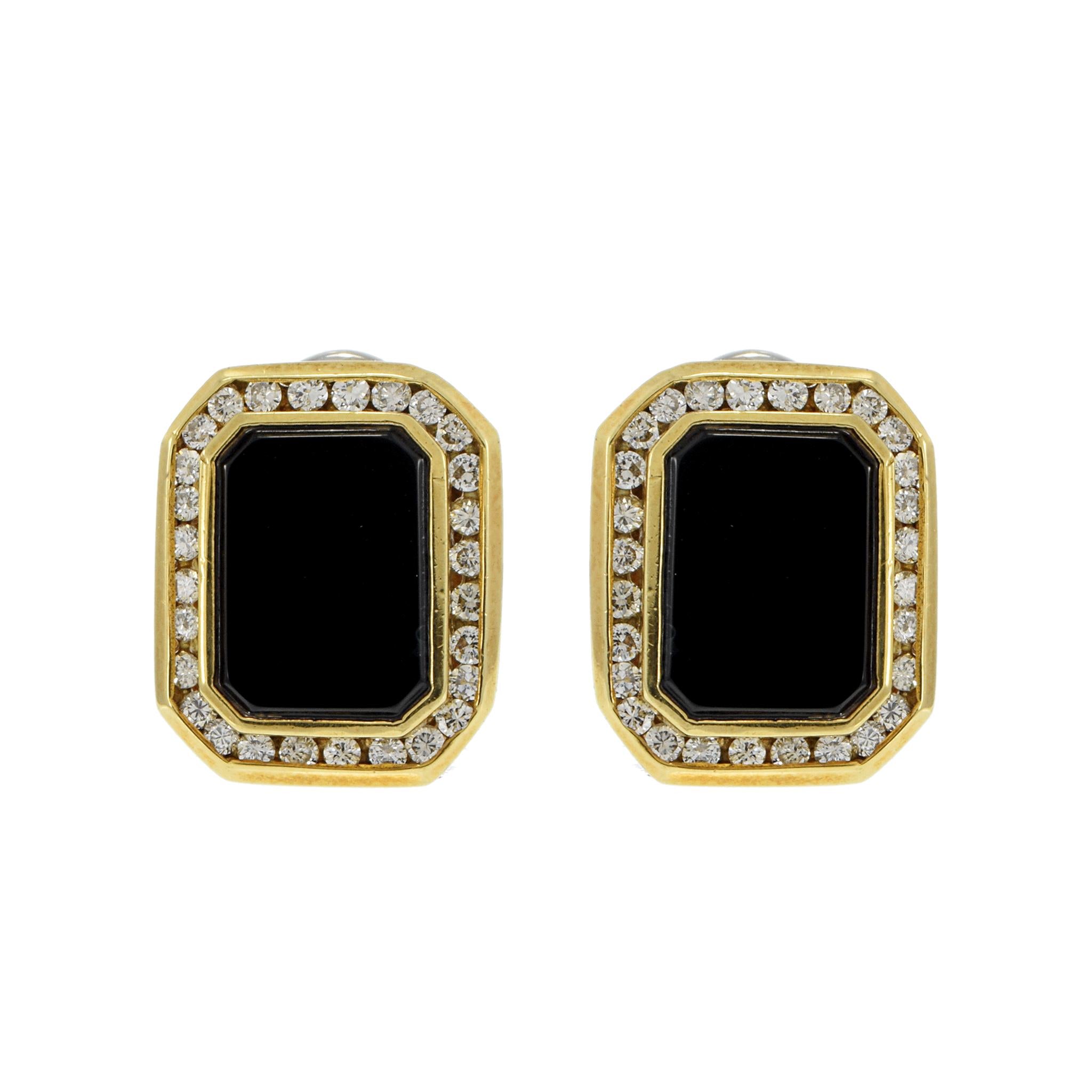 Vintage 18KT Yellow Gold Rectangular Black Onyx and Diamond Huggie Earrings