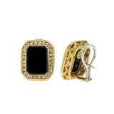 Vintage 18KT Yellow Gold Rectangular Black Onyx and Diamond Huggie Earrings