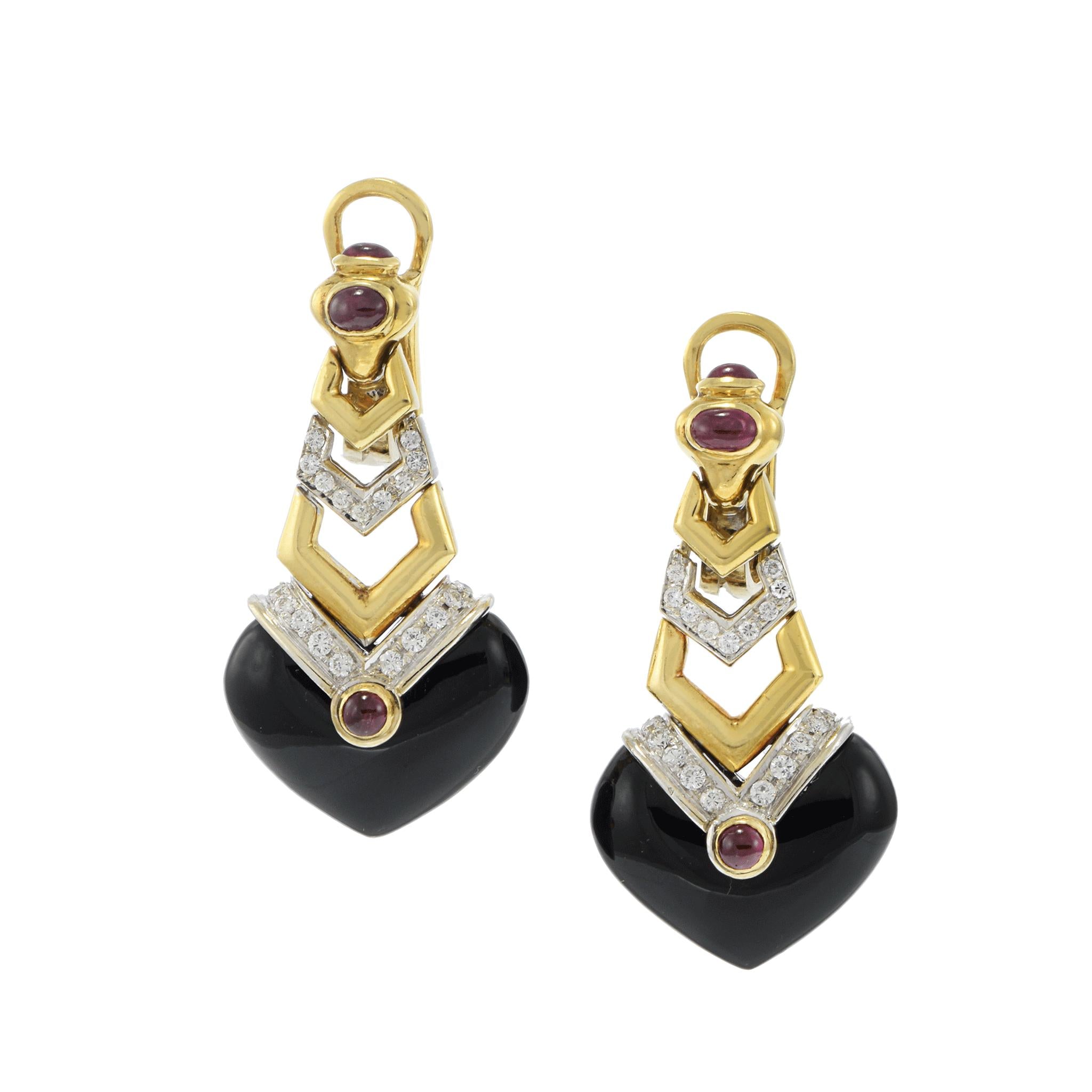 Vintage Circa 1970s 18KT Onyx, Ruby, and Diamond Drop Earrings