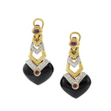 Vintage Circa 1970s 18KT Onyx, Ruby, and Diamond Drop Earrings