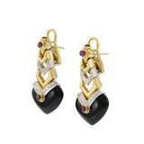 Vintage Circa 1970s 18KT Onyx, Ruby, and Diamond Drop Earrings