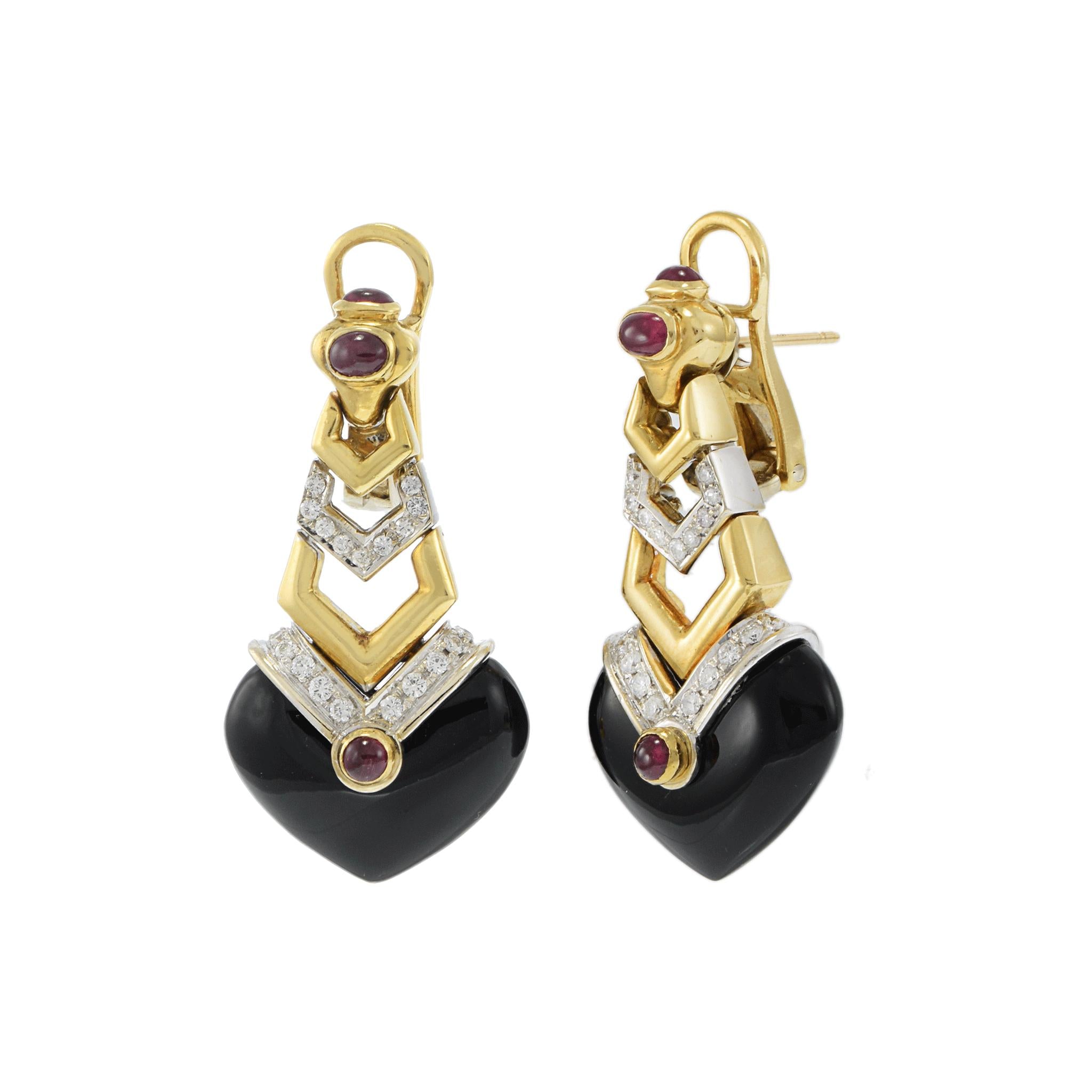 Vintage Circa 1970s 18KT Onyx, Ruby, and Diamond Drop Earrings
