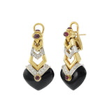 Vintage Circa 1970s 18KT Onyx, Ruby, and Diamond Drop Earrings
