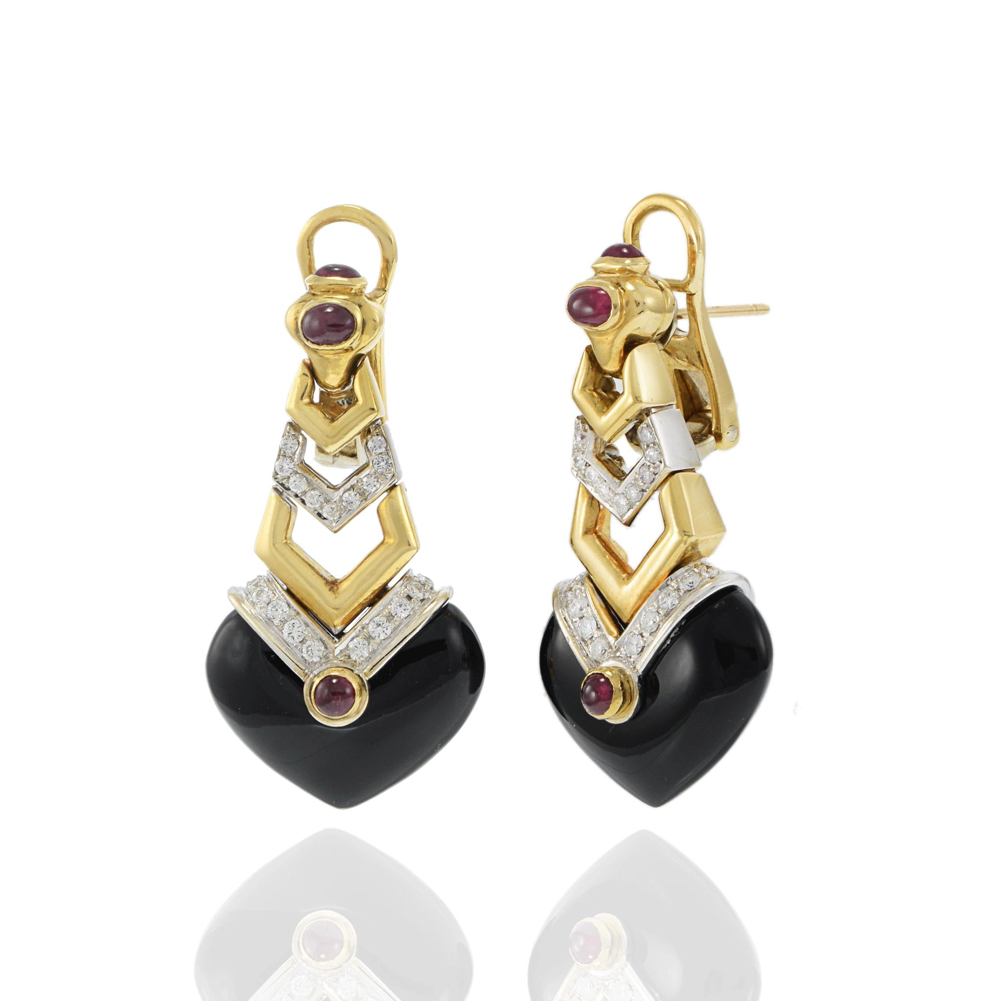 Vintage Circa 1970s 18KT Onyx, Ruby, and Diamond Drop Earrings