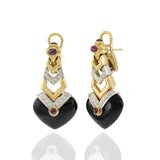 Vintage Circa 1970s 18KT Onyx, Ruby, and Diamond Drop Earrings