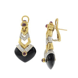Vintage Circa 1970s 18KT Onyx, Ruby, and Diamond Drop Earrings