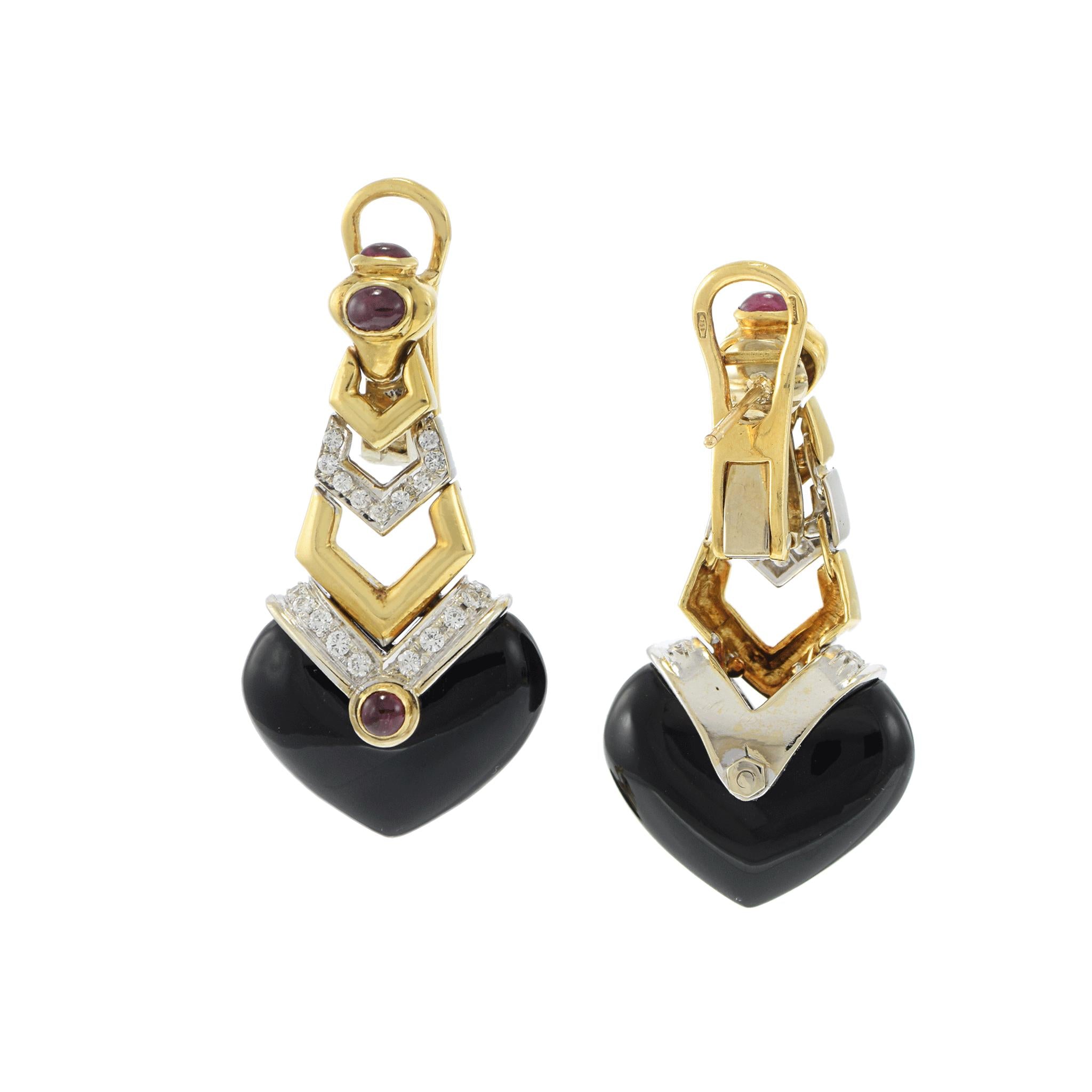 Vintage Circa 1970s 18KT Onyx, Ruby, and Diamond Drop Earrings