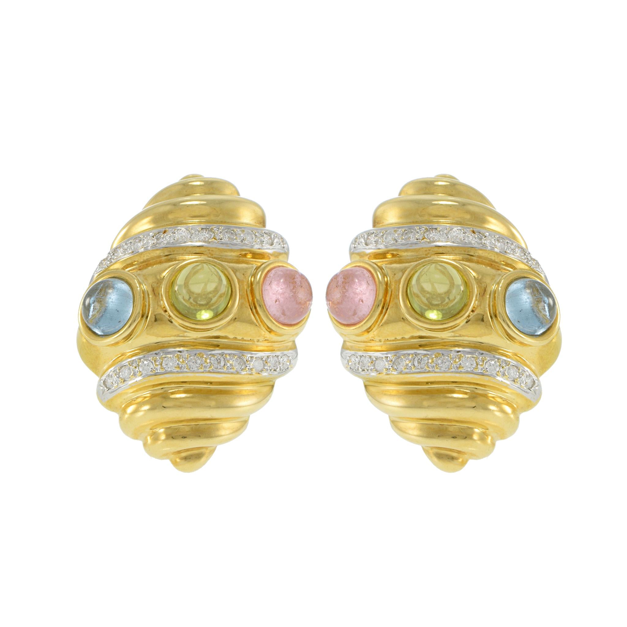 Vintage 1970s 18KT Yellow Gold Shell Earrings with Cabochon Semi-Precious Stones