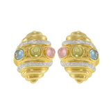 Vintage 1970s 18KT Yellow Gold Shell Earrings with Cabochon Semi-Precious Stones