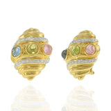 Vintage 1970s 18KT Yellow Gold Shell Earrings with Cabochon Semi-Precious Stones