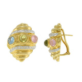 Vintage 1970s 18KT Yellow Gold Shell Earrings with Cabochon Semi-Precious Stones