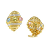 Vintage 1970s 18KT Yellow Gold Shell Earrings with Cabochon Semi-Precious Stones