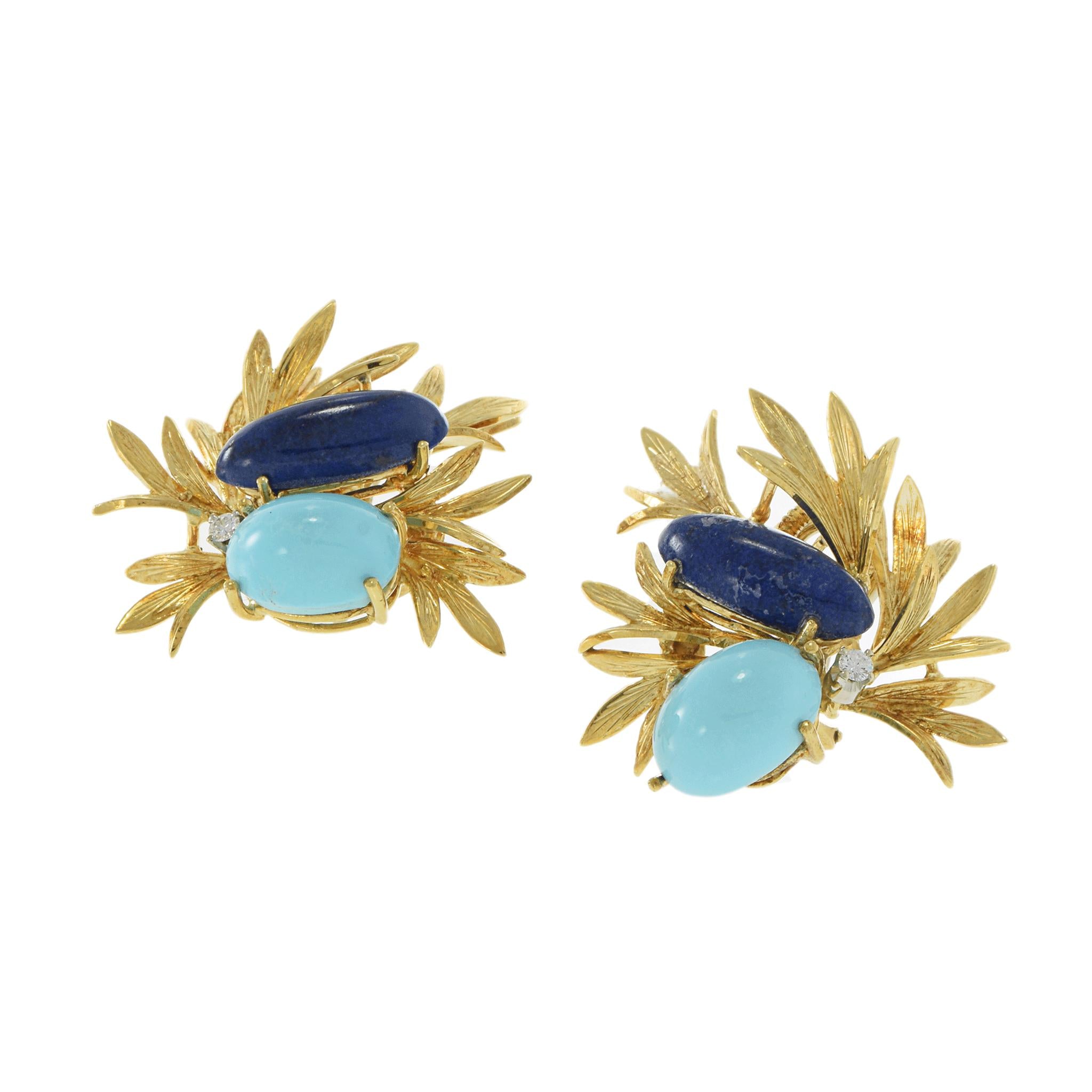Vintage 18KT Yellow Gold Lapis Lazuli, Turquoise, and Diamond Floral Earrings