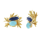 Vintage 18KT Yellow Gold Lapis Lazuli, Turquoise, and Diamond Floral Earrings