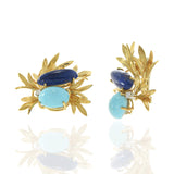 Vintage 18KT Yellow Gold Lapis Lazuli, Turquoise, and Diamond Floral Earrings
