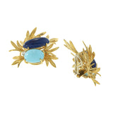 Vintage 18KT Yellow Gold Lapis Lazuli, Turquoise, and Diamond Floral Earrings