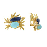 Vintage 18KT Yellow Gold Lapis Lazuli, Turquoise, and Diamond Floral Earrings