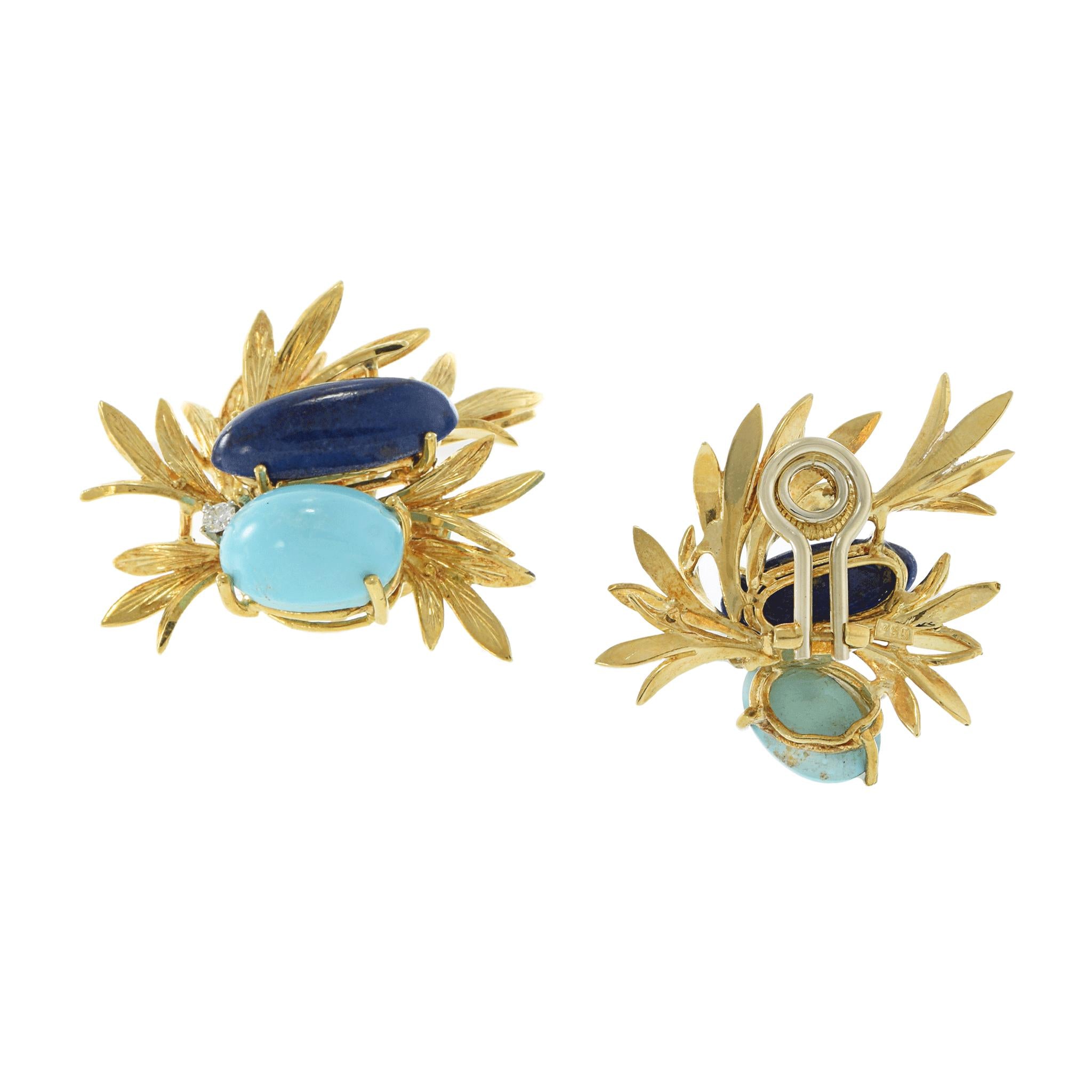 Vintage 18KT Yellow Gold Lapis Lazuli, Turquoise, and Diamond Floral Earrings