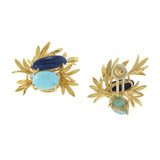 Vintage 18KT Yellow Gold Lapis Lazuli, Turquoise, and Diamond Floral Earrings