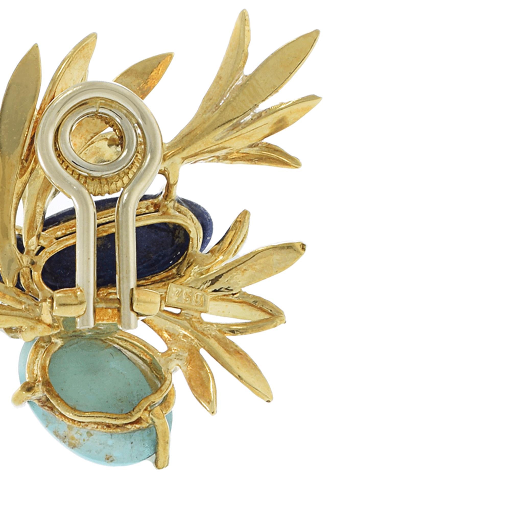 Vintage 18KT Yellow Gold Lapis Lazuli, Turquoise, and Diamond Floral Earrings