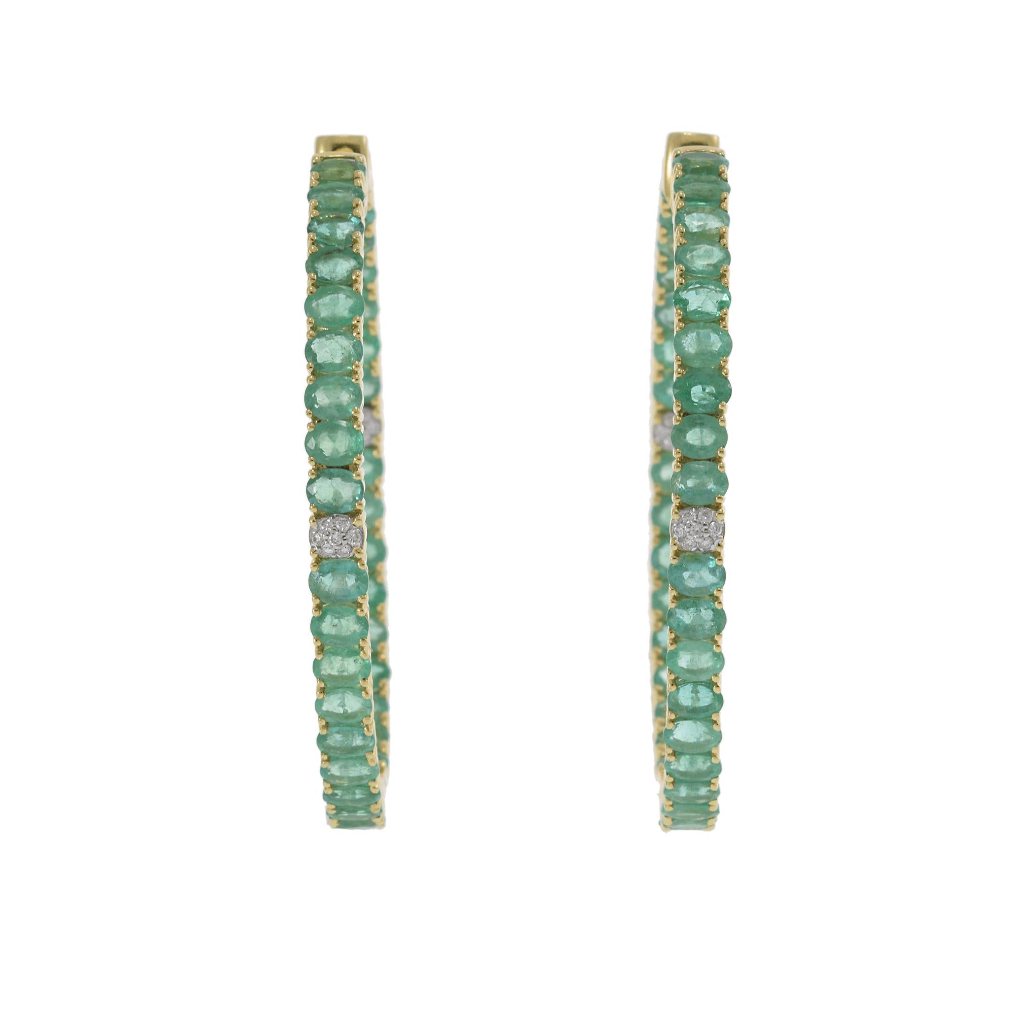 18KT Yellow Gold Oval Emerald and Diamond In-and-Out Hoop Earrings
