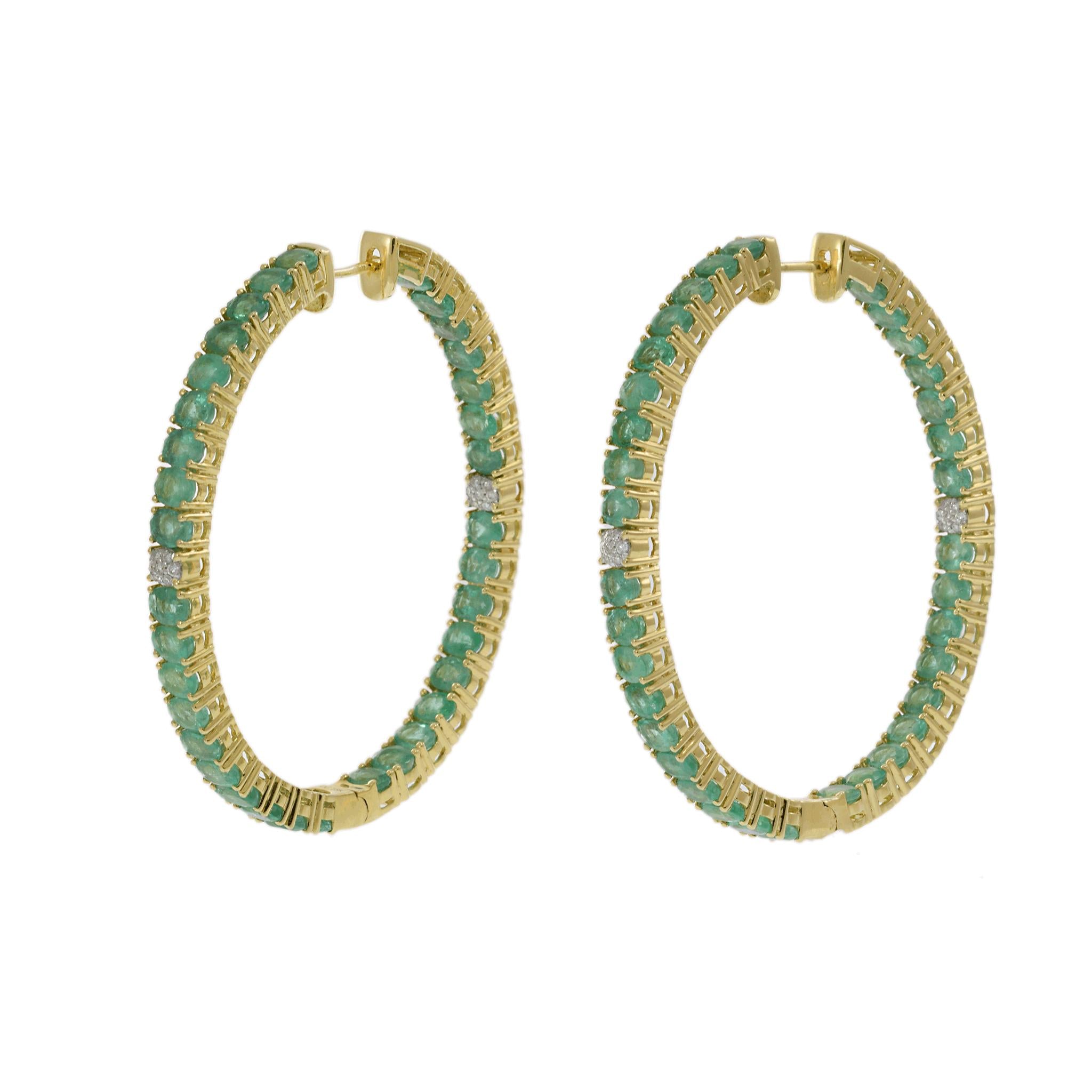 18KT Yellow Gold Oval Emerald and Diamond In-and-Out Hoop Earrings