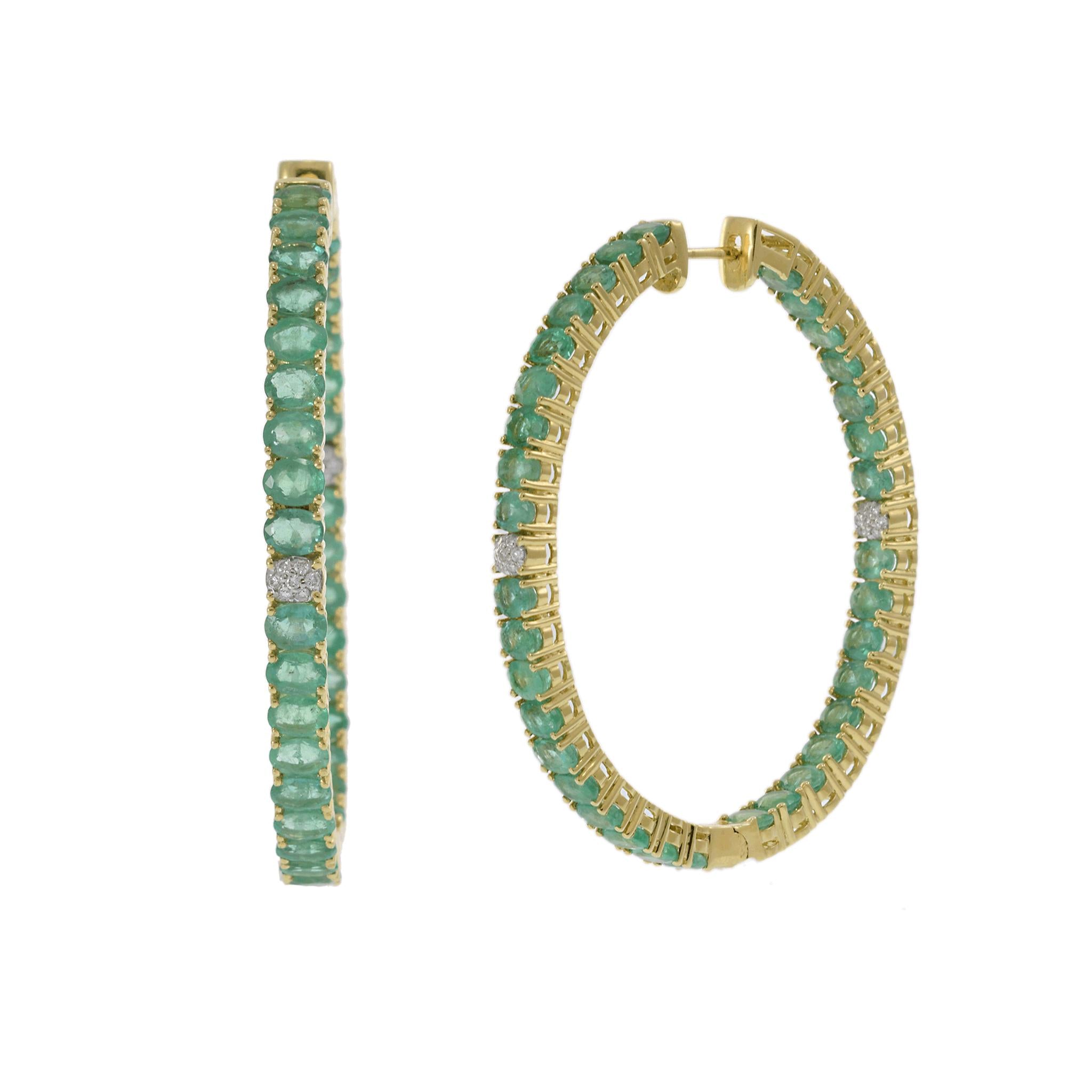 18KT Yellow Gold Oval Emerald and Diamond In-and-Out Hoop Earrings