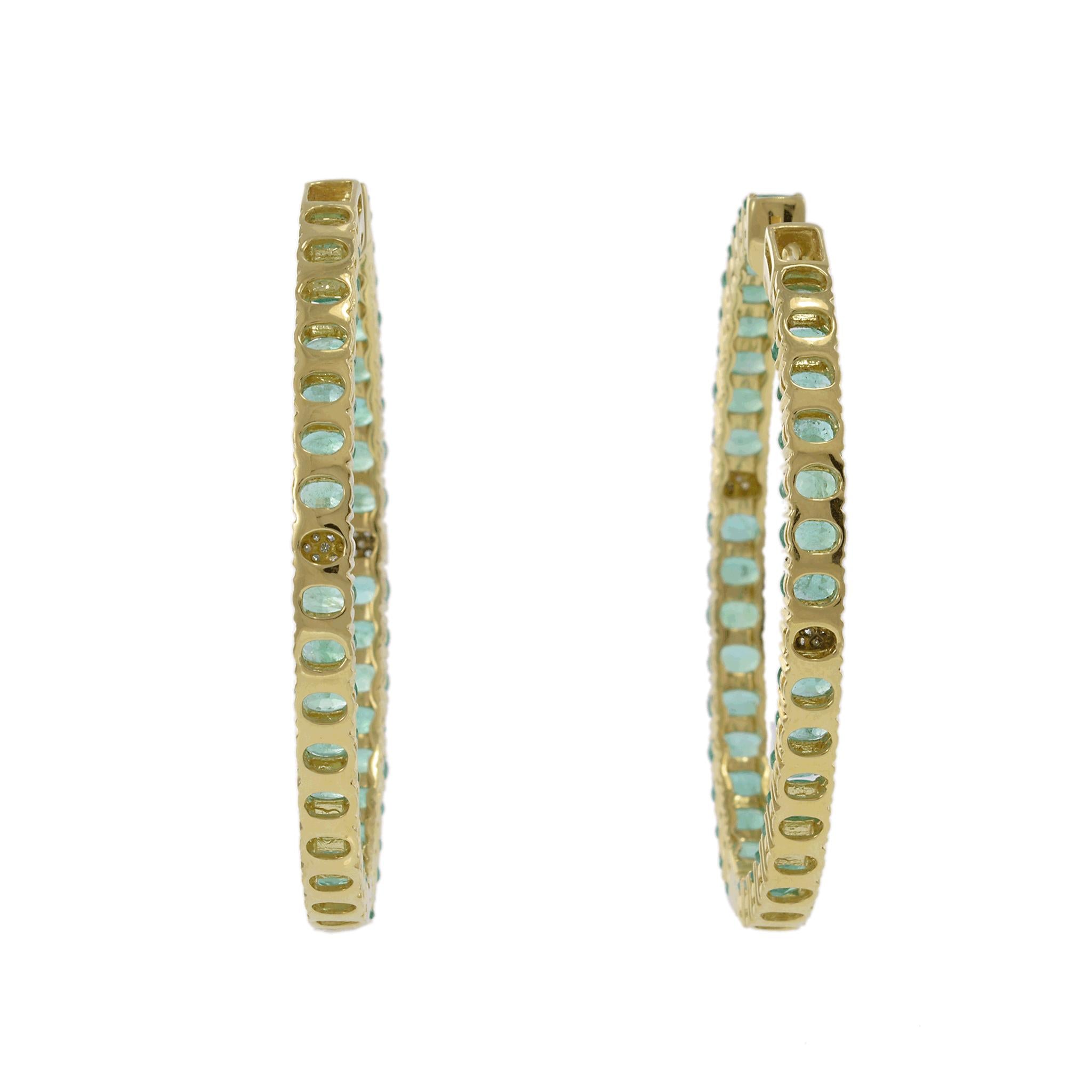 18KT Yellow Gold Oval Emerald and Diamond In-and-Out Hoop Earrings