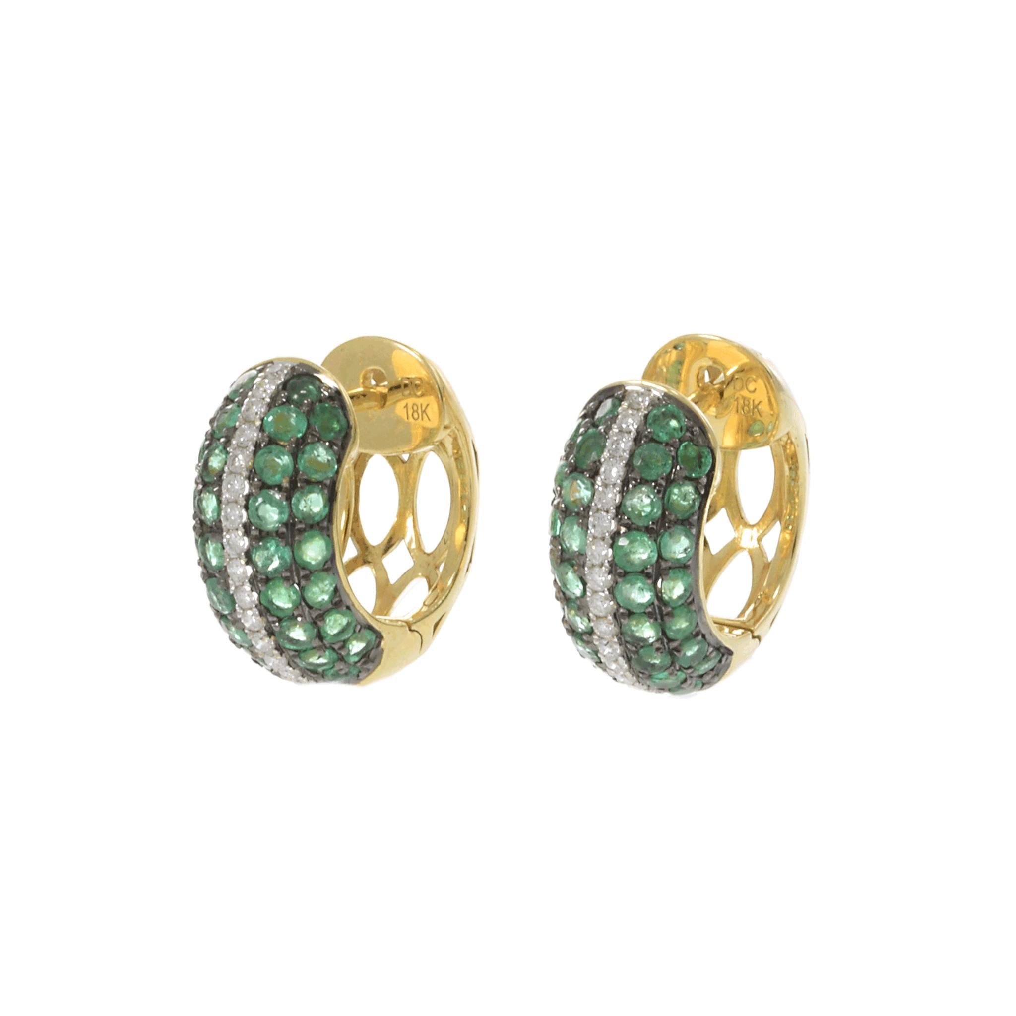 18KT Yellow Gold Emerald and Diamond Huggie Earrings