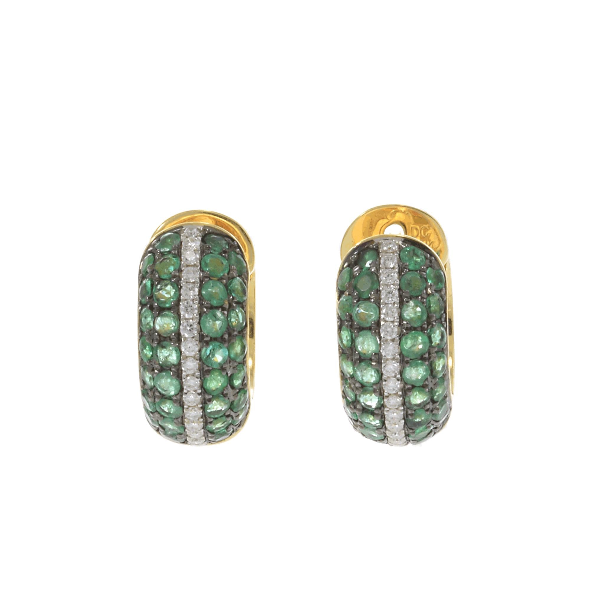 18KT Yellow Gold Emerald and Diamond Huggie Earrings