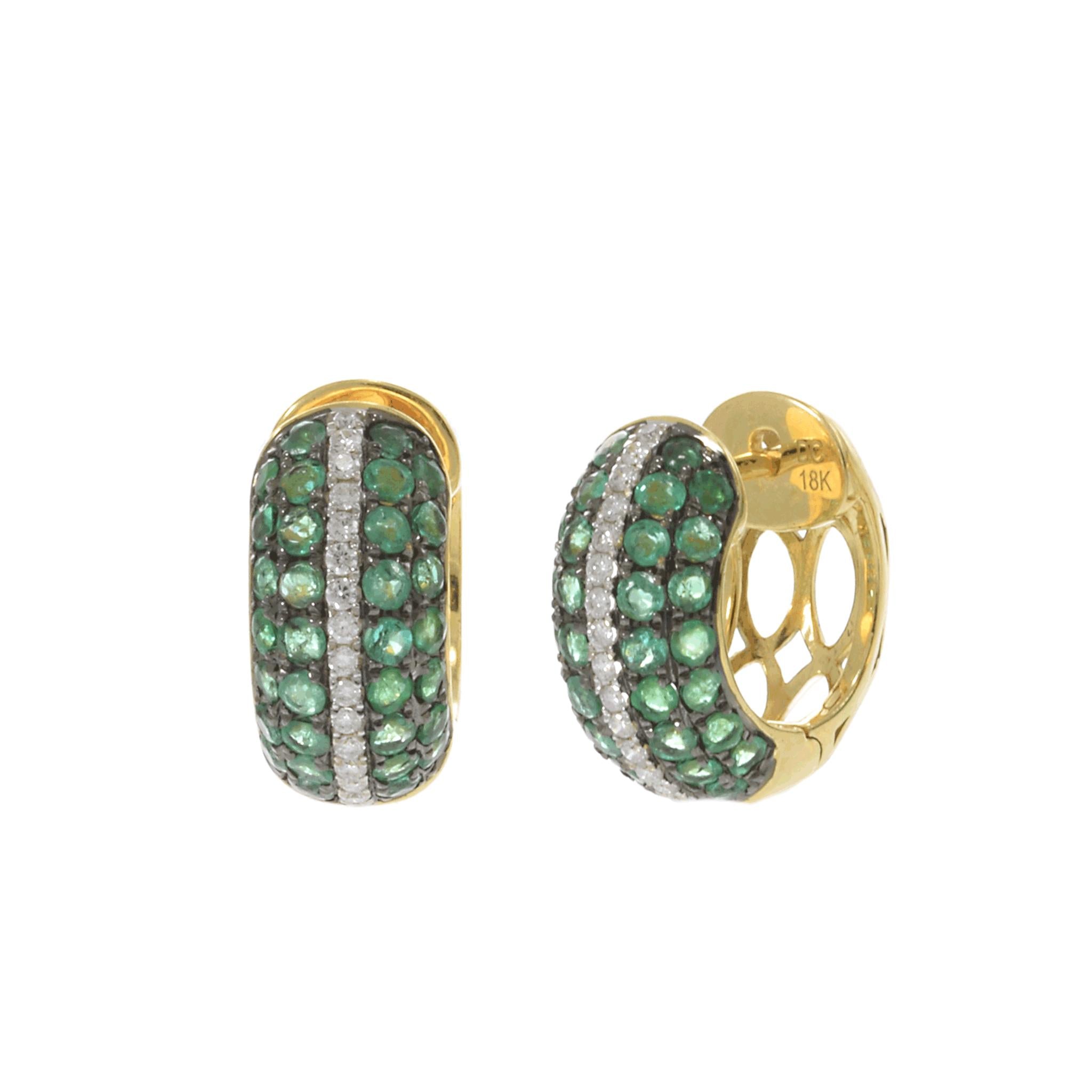18KT Yellow Gold Emerald and Diamond Huggie Earrings