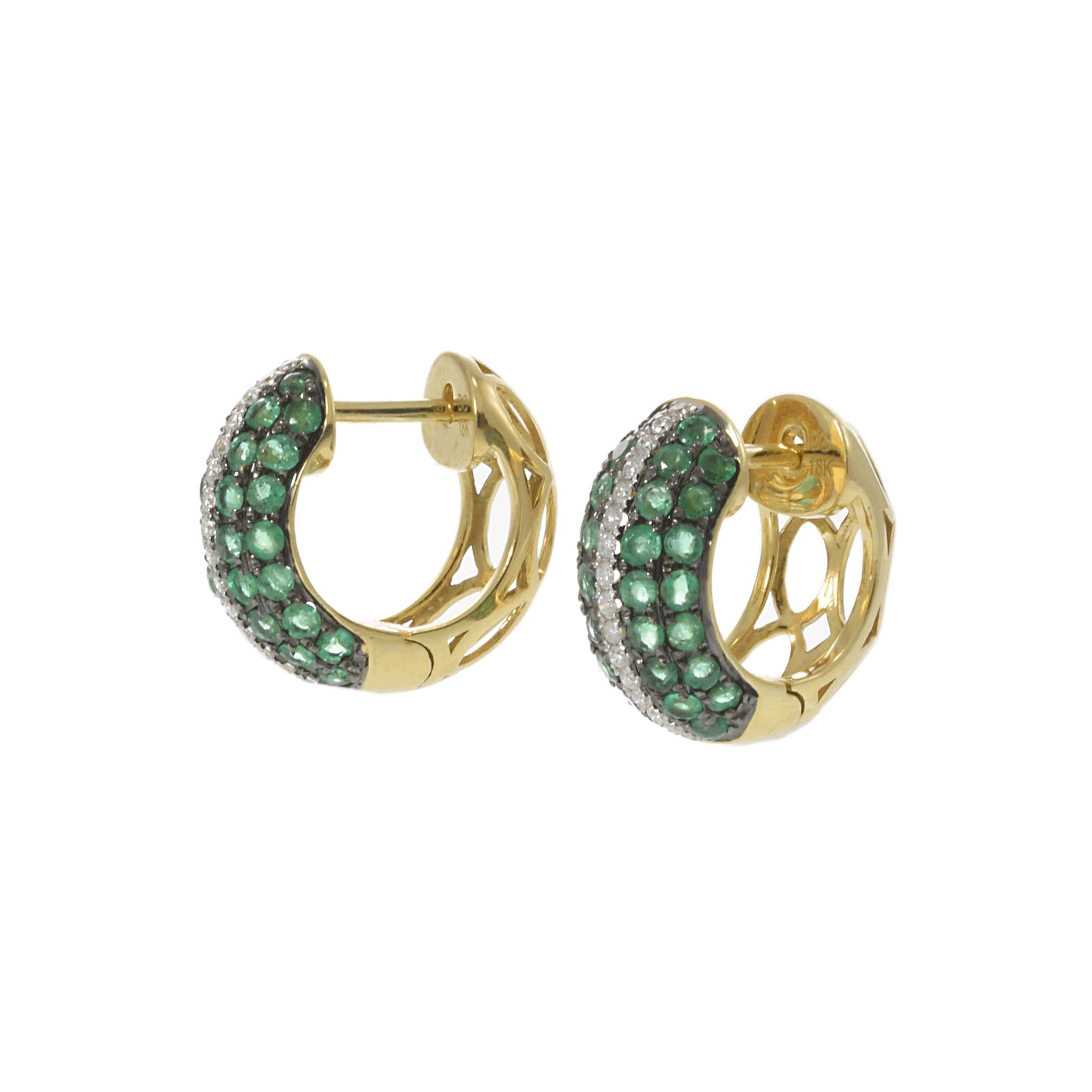 18KT Yellow Gold Emerald and Diamond Huggie Earrings