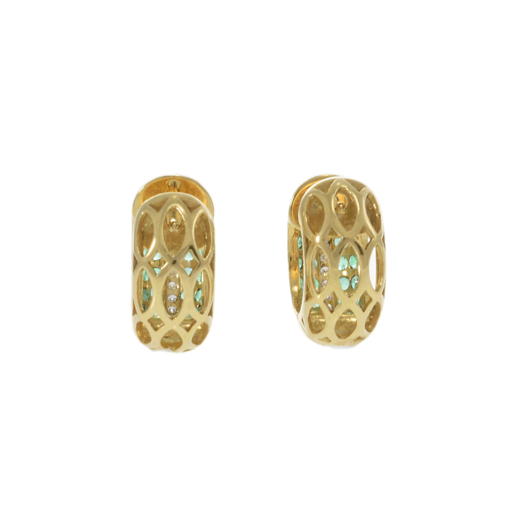 18KT Yellow Gold Emerald and Diamond Huggie Earrings