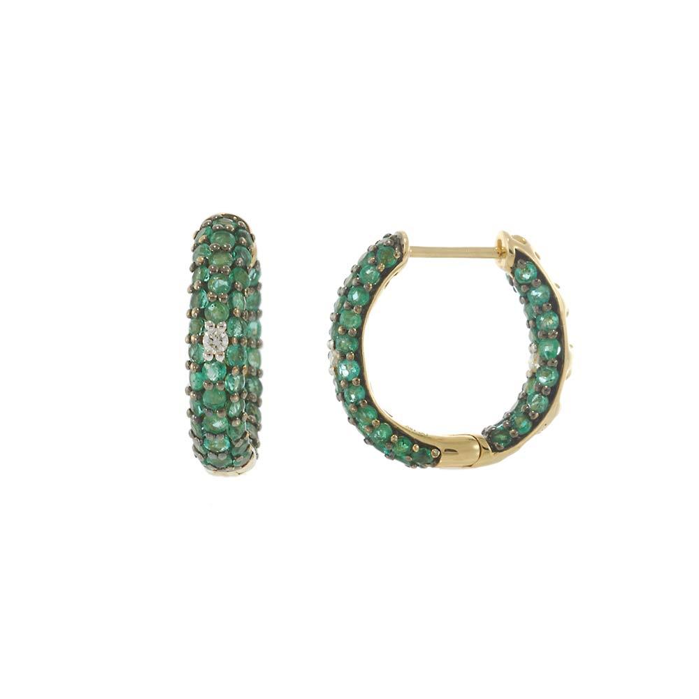 18KT Yellow Gold Emerald and Diamond Huggie Hoop Earrings