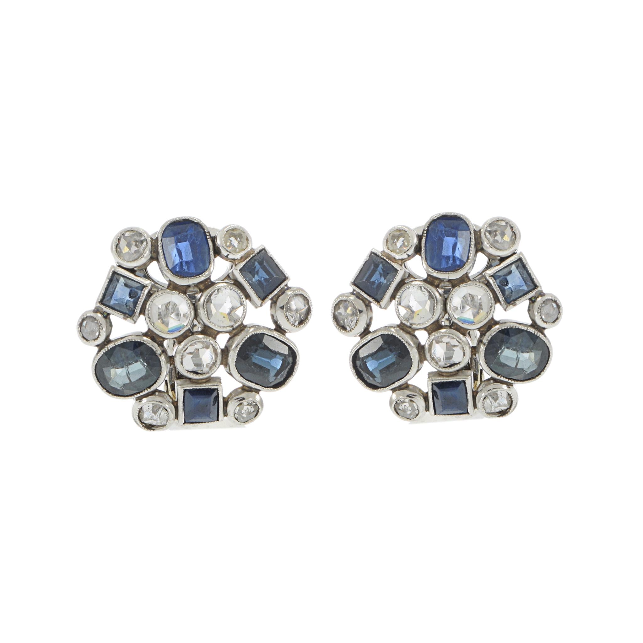 Antique Art Deco 14KT White Gold Sapphire and Diamond Disc Earrings