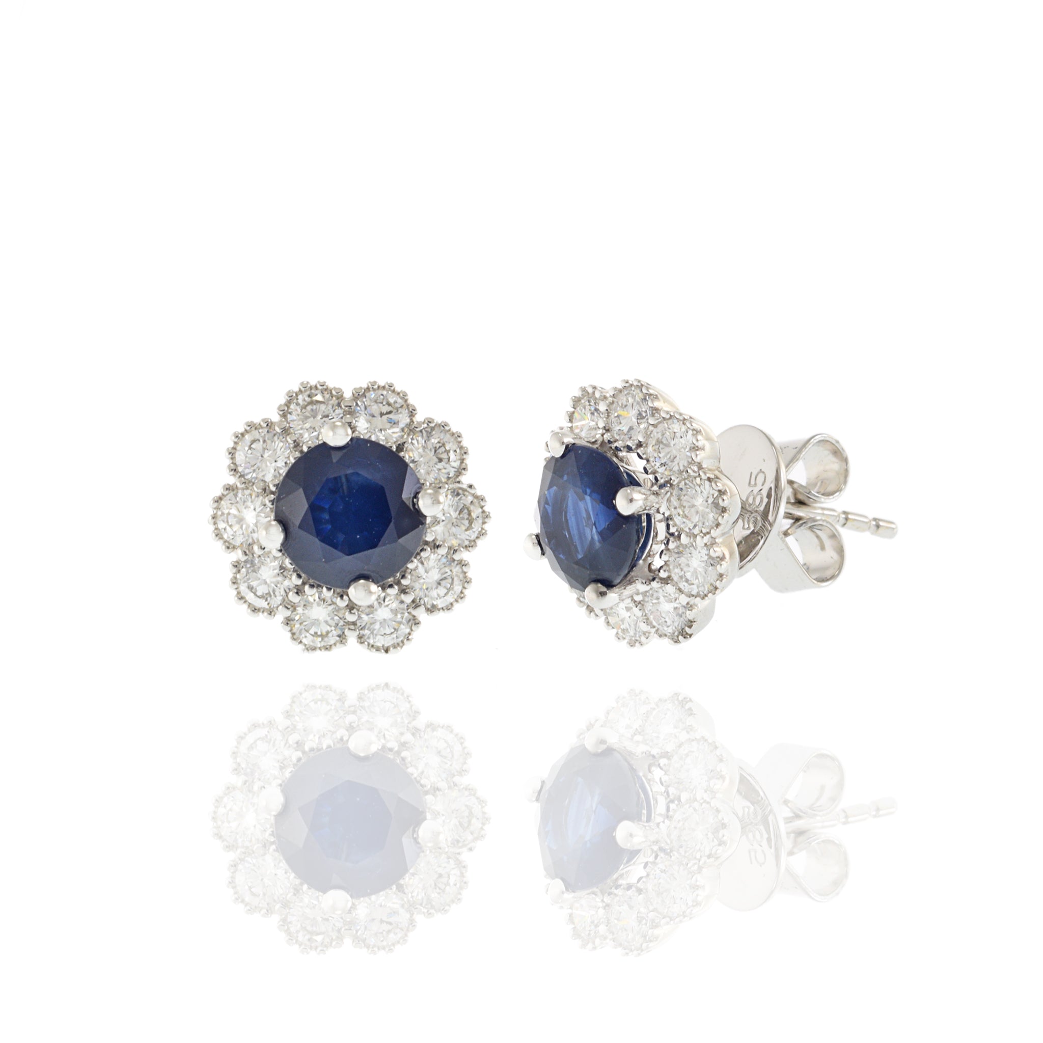 14KT White Gold Blue Sapphire and Diamond Halo Earrings